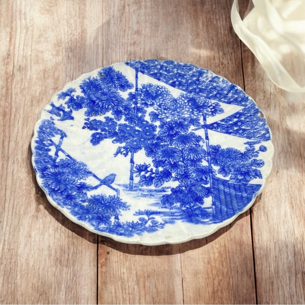 19th Century Japanese Antique Blue and White Hand Painted Floral Platter